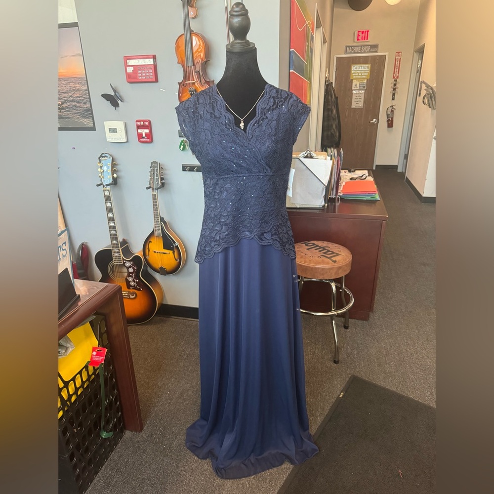 Onyx Nite Navy Blue Lace and Chiffon Maxi Dress